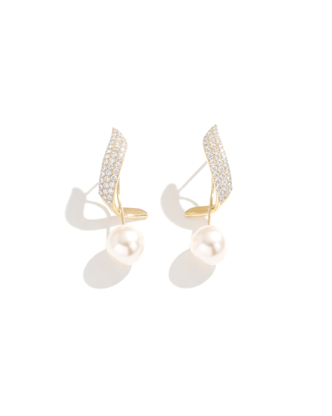 Diamond Leaf Korean Style Pave Crystal and Pearl Drop Earrings - Clooz