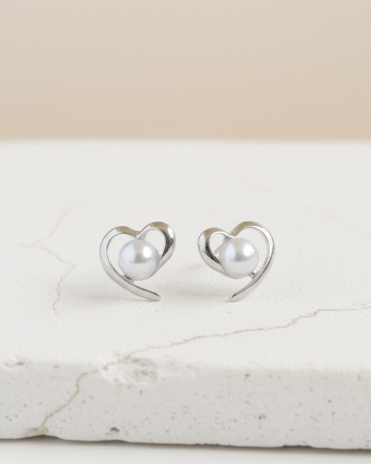 Classic Silver Open Heart Pearl Studs - Clooz