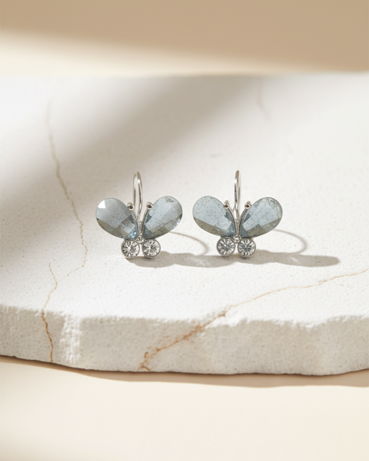 Light Blue Crystal Butterfly Hoop Earrings | Korean Style Rhinestone Charm Dangle Hoops
