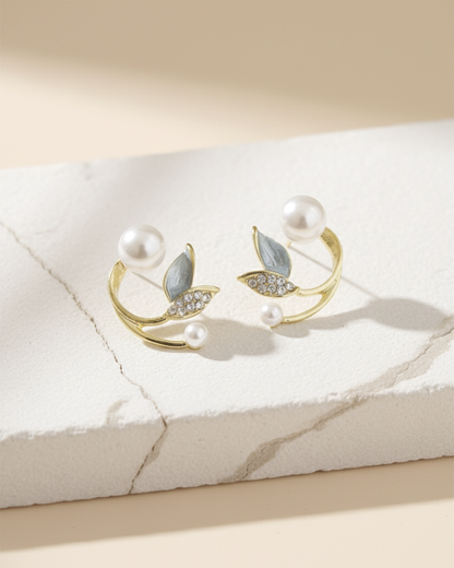 Pearl & Crystal Leaf Climber Earrings | Korean Ear Cuff Jacket Jewelry