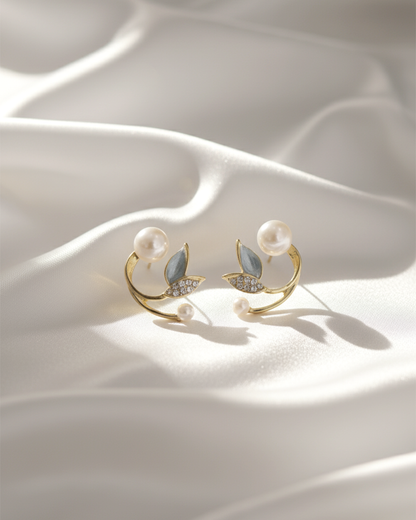 Pearl & Crystal Leaf Climber Earrings | Korean Ear Cuff Jacket Jewelry