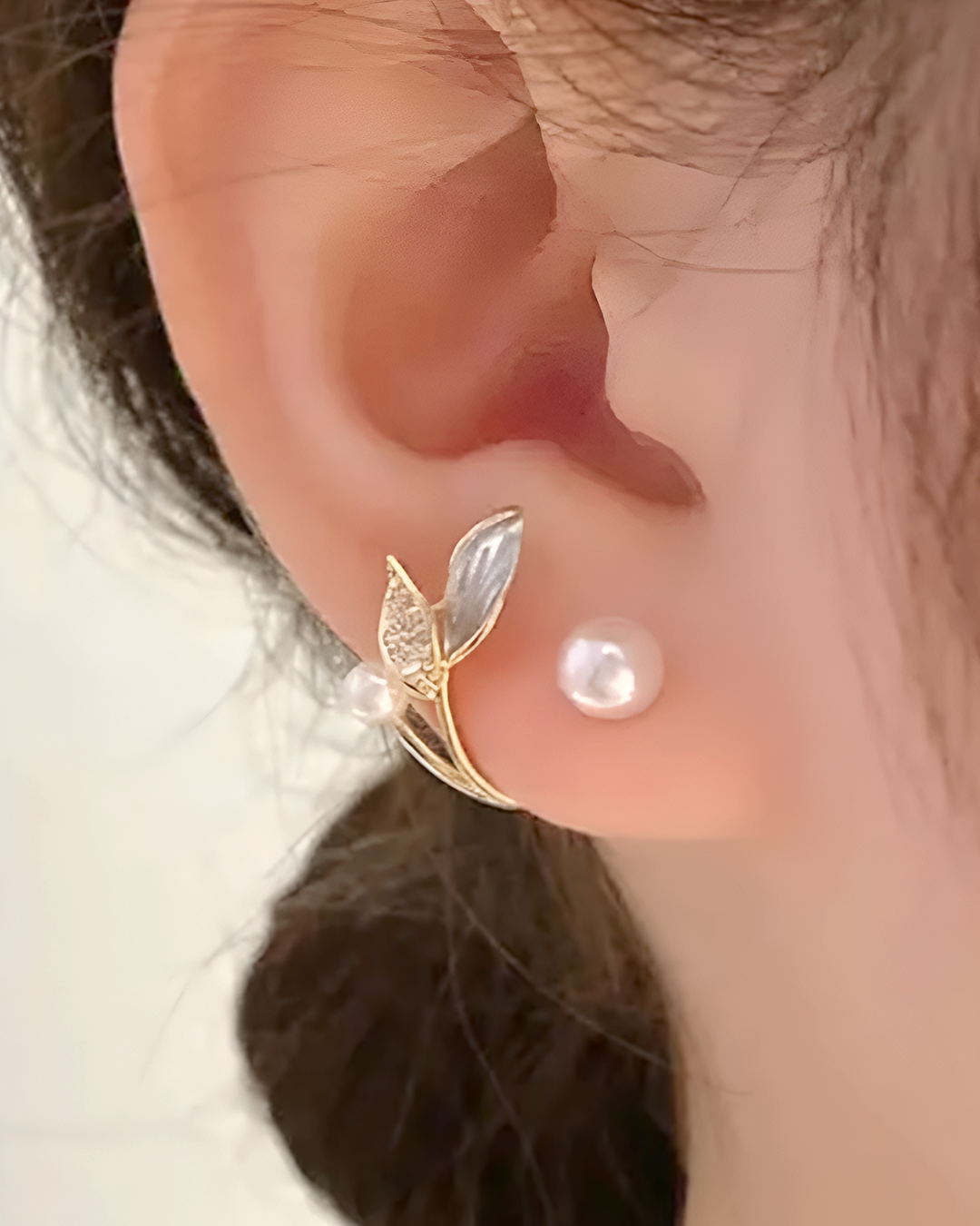 Pearl & Crystal Leaf Climber Earrings | Korean Ear Cuff Jacket Jewelry