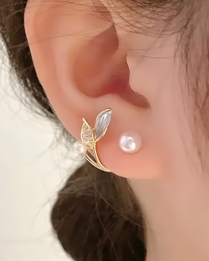 Pearl & Crystal Leaf Climber Earrings | Korean Ear Cuff Jacket Jewelry