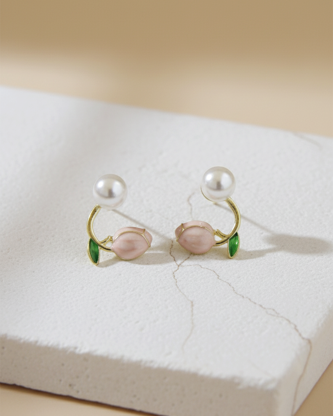 Pink Tulip Flower Dangle Earrings | Korean Enamel Botanical Drop Jewelry