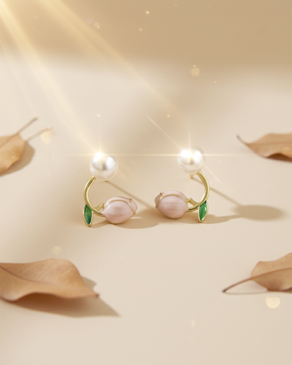 Pink Tulip Flower Dangle Earrings | Korean Enamel Botanical Drop Jewelry