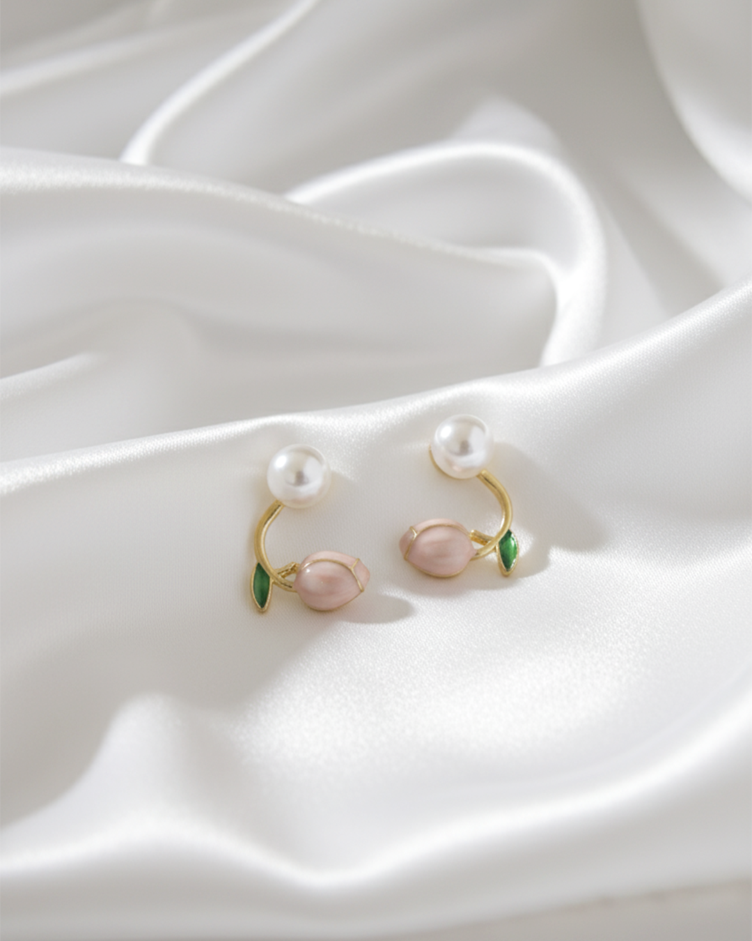 Pink Tulip Flower Dangle Earrings | Korean Enamel Botanical Drop Jewelry