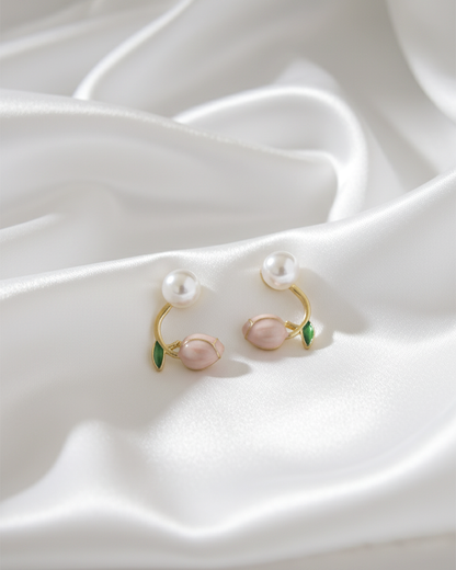 Pink Tulip Flower Dangle Earrings | Korean Enamel Botanical Drop Jewelry