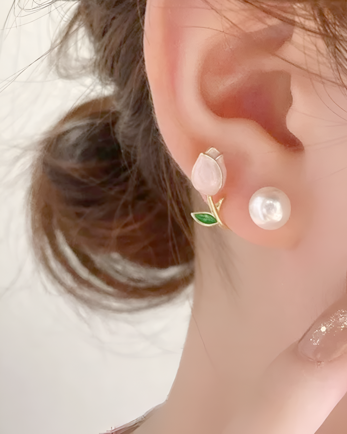 Pink Tulip Flower Dangle Earrings | Korean Enamel Botanical Drop Jewelry