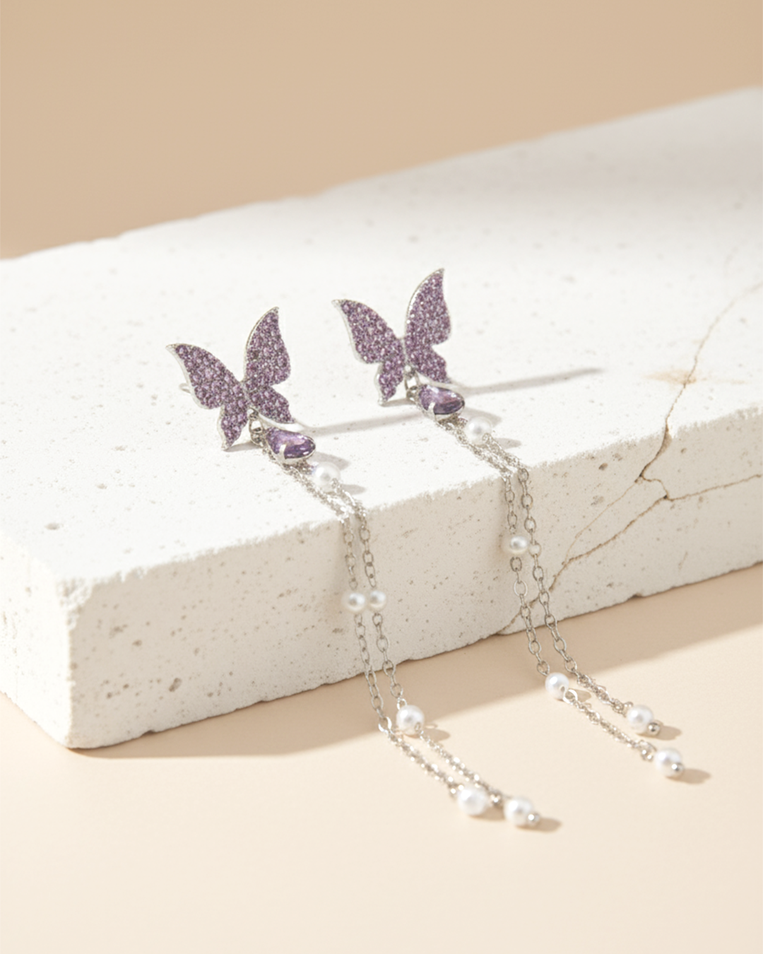Purple Butterfly Tassel Earrings | Korean Style Long Chain Pearl Drop Jewelry