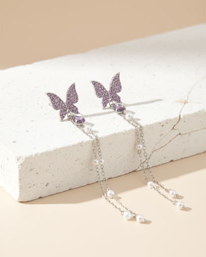 Purple Butterfly Tassel Earrings | Korean Style Long Chain Pearl Drop Jewelry