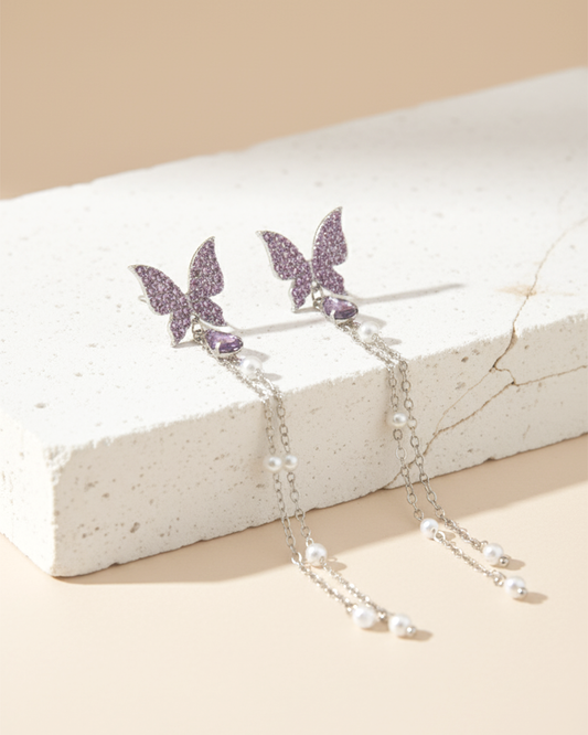 Purple Butterfly Tassel Earrings | Korean Style Long Chain Pearl Drop Jewelry