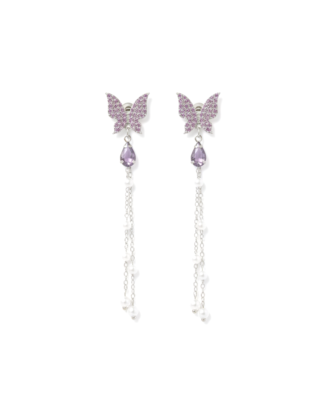 Purple Butterfly Tassel Earrings | Korean Style Long Chain Pearl Drop Jewelry