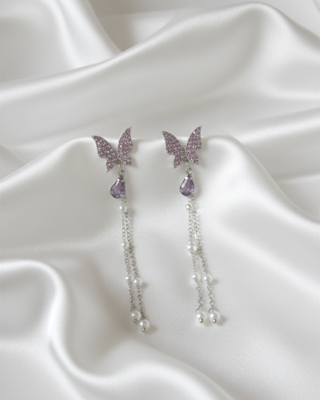 Purple Butterfly Tassel Earrings | Korean Style Long Chain Pearl Drop Jewelry