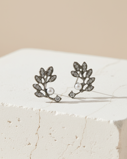 Vintage Oxidised Vine Leaf Ear Climber Studs - Clooz
