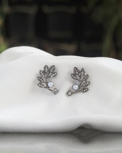 Vintage Oxidised Vine Leaf Ear Climber Studs - Clooz