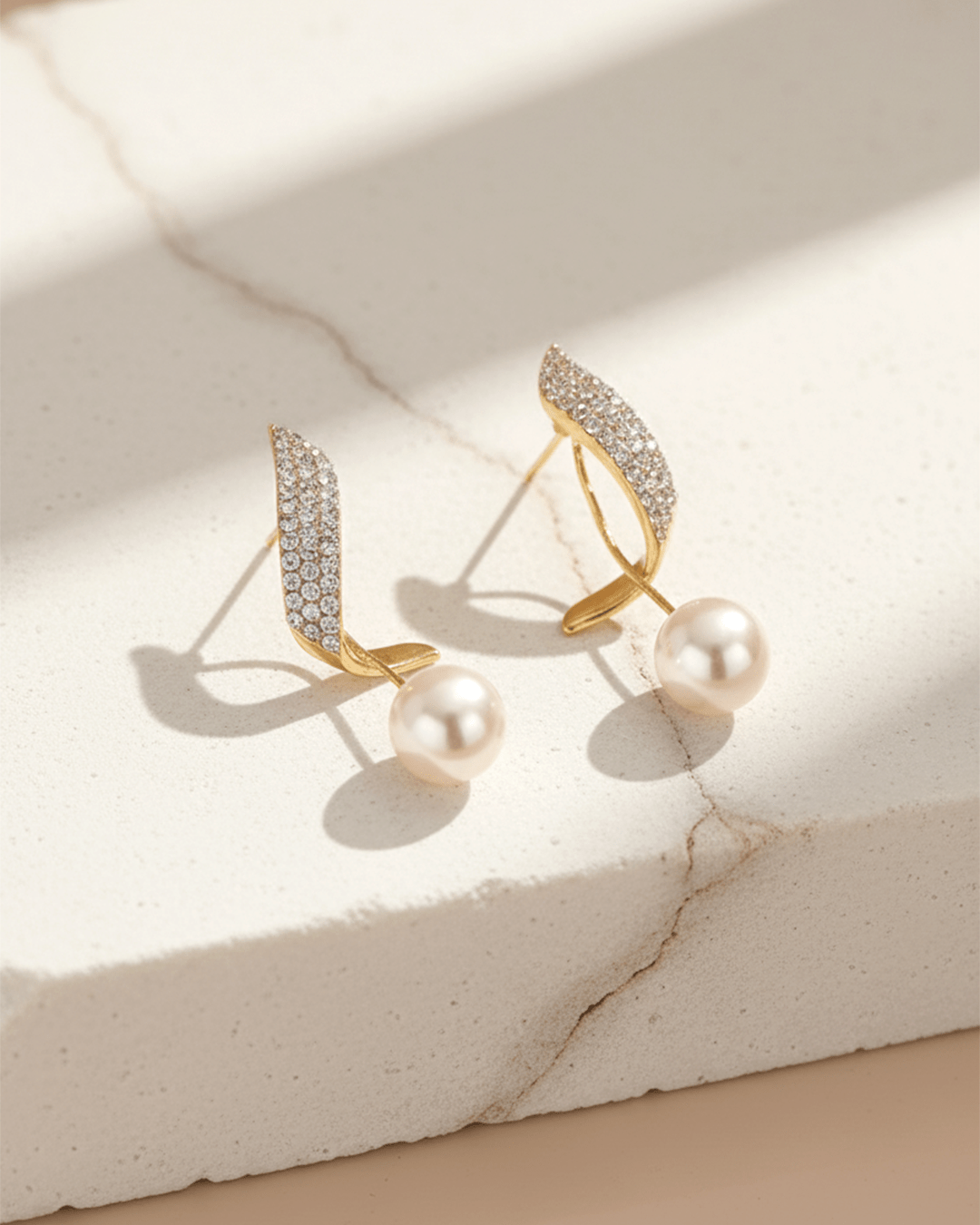 Diamond Leaf Korean Style Pave Crystal and Pearl Drop Earrings - Clooz