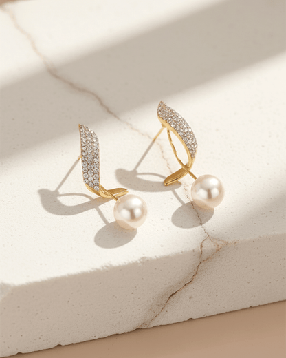 Diamond Leaf Korean Style Pave Crystal and Pearl Drop Earrings - Clooz