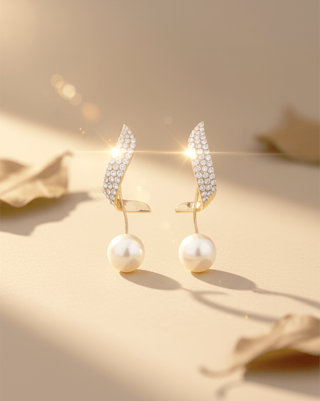Diamond Leaf Korean Style Pave Crystal and Pearl Drop Earrings - Clooz