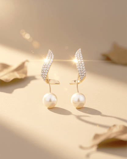 Diamond Leaf Korean Style Pave Crystal and Pearl Drop Earrings - Clooz