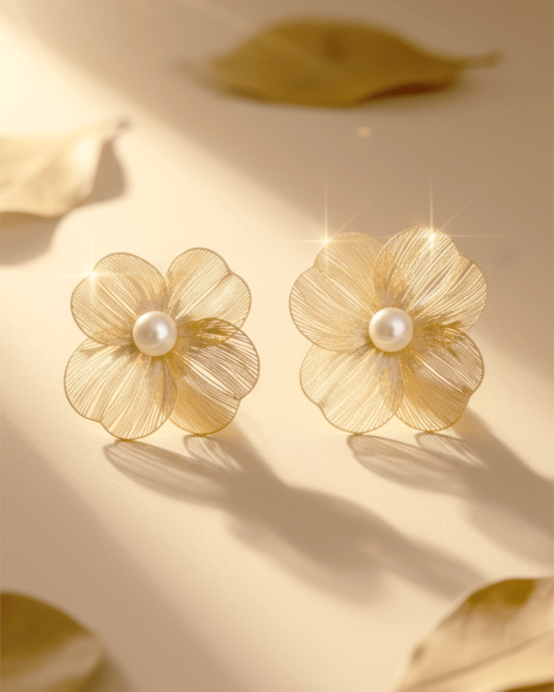 Golden Bloom Korean Style Filigree Flower and Pearl Stud Earrings - Clooz