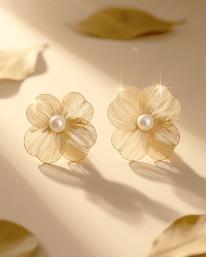 Golden Bloom Korean Style Filigree Flower and Pearl Stud Earrings - Clooz