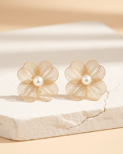 Golden Bloom Korean Style Filigree Flower and Pearl Stud Earrings - Clooz