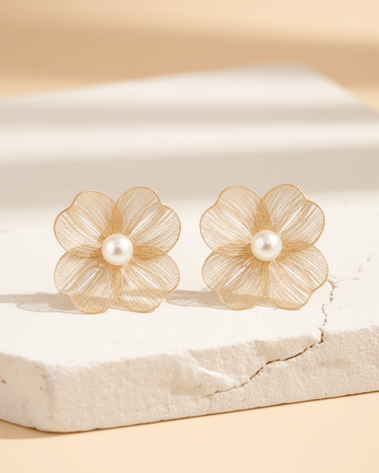 Golden Bloom Korean Style Filigree Flower and Pearl Stud Earrings - Clooz