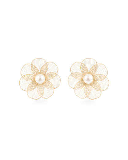 Golden Bloom Korean Style Filigree Flower and Pearl Stud Earrings - Clooz