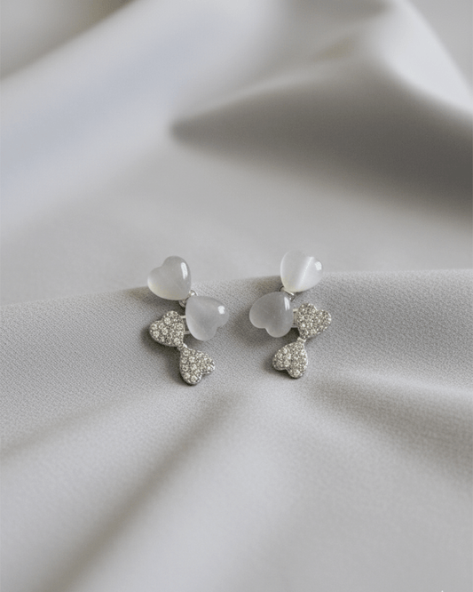 Korean Clover Heart Cats Eye and Crystal Cluster Stud Earrings - Clooz