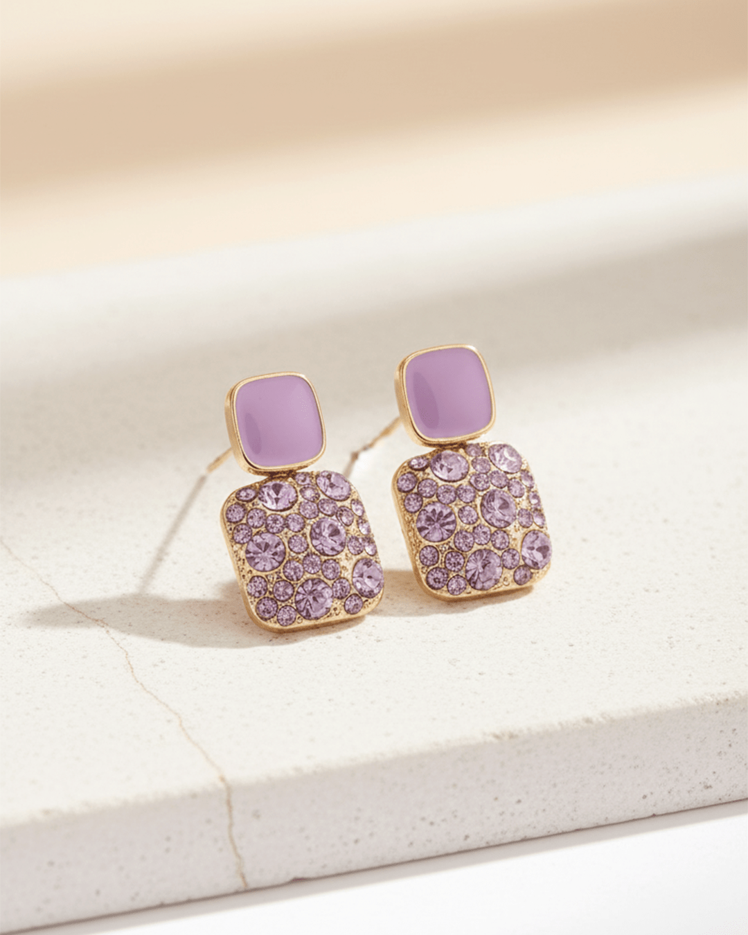 Lavender Luxe Korean Style Enamel and Pave Square Drop Earrings - Clooz