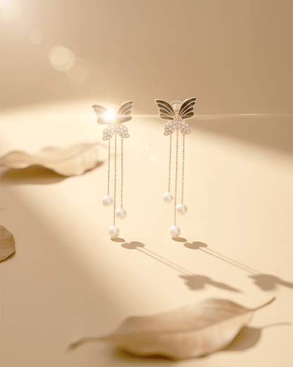 Midnight Flutter Korean Style Butterfly Tassel Pearl Earrings - Clooz