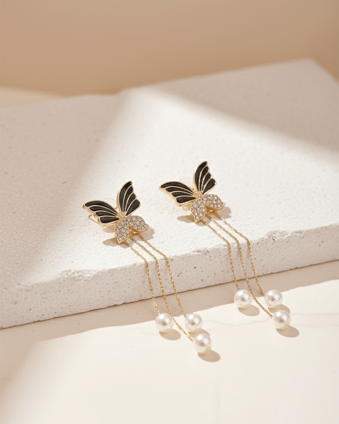 Midnight Flutter Korean Style Butterfly Tassel Pearl Earrings - Clooz