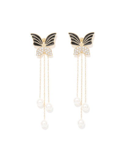 Midnight Flutter Korean Style Butterfly Tassel Pearl Earrings - Clooz
