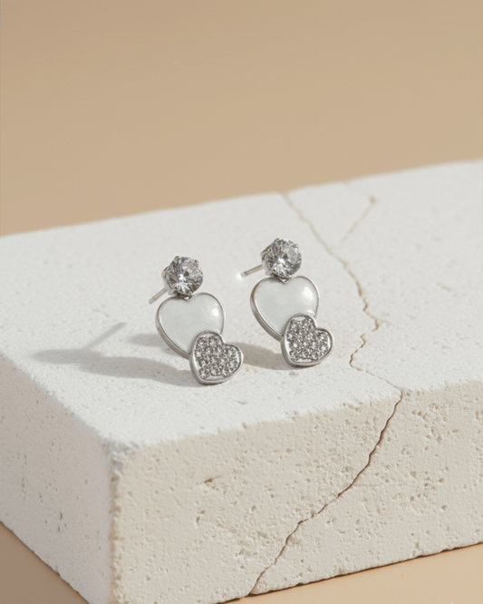 Sweetheart Duet Korean Style Enamel and Pave Heart Drop Stud Earrings - Clooz
